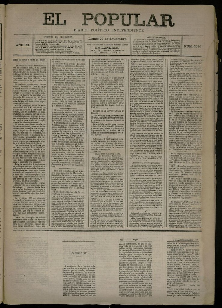 Miniatura de El Popular: diario independiente, político, literario y de noticias de interés general del 29 de septiembre de 1879, nº 3096