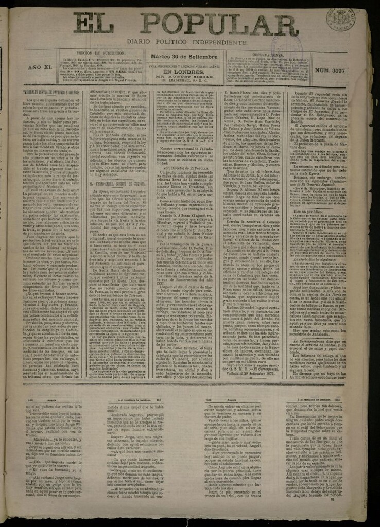 Miniatura de El Popular: diario independiente, político, literario y de noticias de interés general del 30 de septiembre de 1879, nº 3097