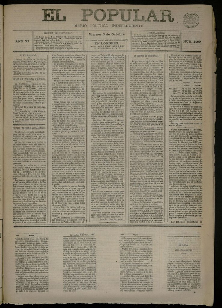 Miniatura de El Popular: diario independiente, político, literario y de noticias de interés general del 3 de octubre de 1879, nº 3100