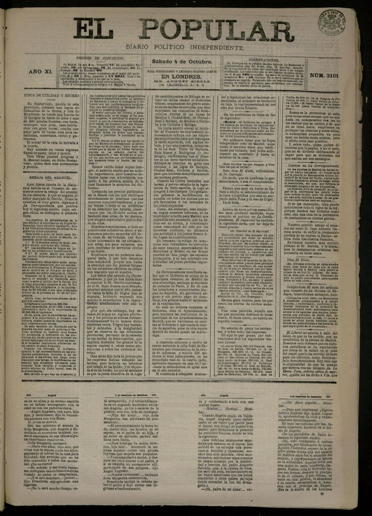 Miniatura de El Popular: diario independiente, político, literario y de noticias de interés general del 4 de octubre de 1879, nº 3101