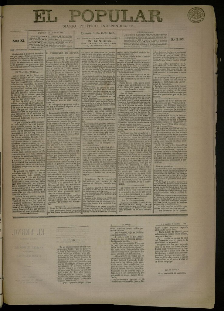 Miniatura de El Popular: diario independiente, político, literario y de noticias de interés general del 6 de octubre de 1879, nº 3102