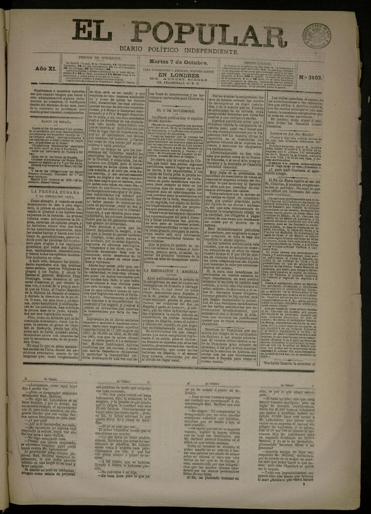 Miniatura de El Popular: diario independiente, político, literario y de noticias de interés general del 7 de octubre de 1879, nº 3103