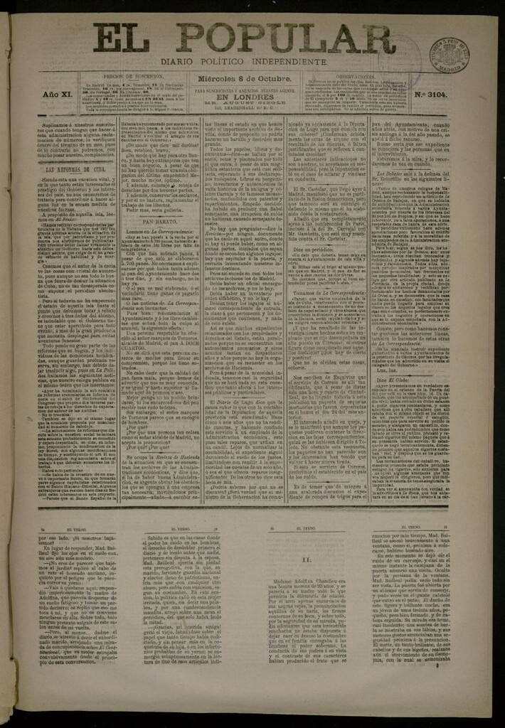 Miniatura de El Popular: diario independiente, político, literario y de noticias de interés general del 8 de octubre de 1879, nº 3104