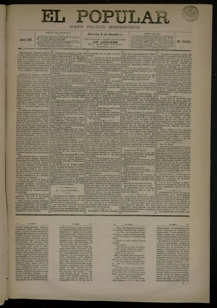 Miniatura de El Popular: diario independiente, político, literario y de noticias de interés general del 9 de octubre de 1879, nº 3105