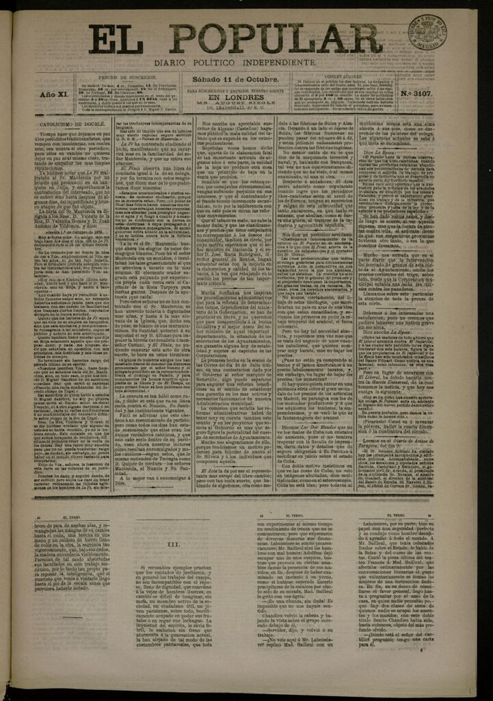 Miniatura de El Popular: diario independiente, político, literario y de noticias de interés general del 11 de octubre de 1879, nº 3107