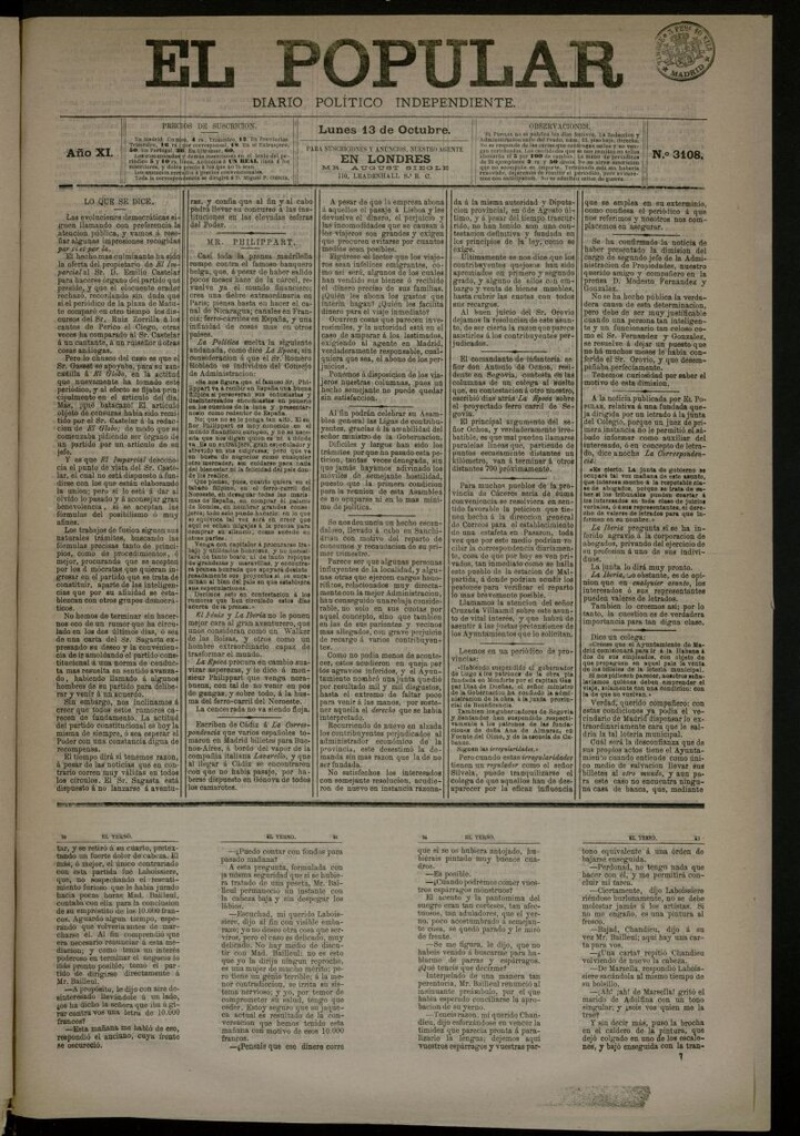 Miniatura de El Popular: diario independiente, político, literario y de noticias de interés general del 13 de octubre de 1879, nº 3108