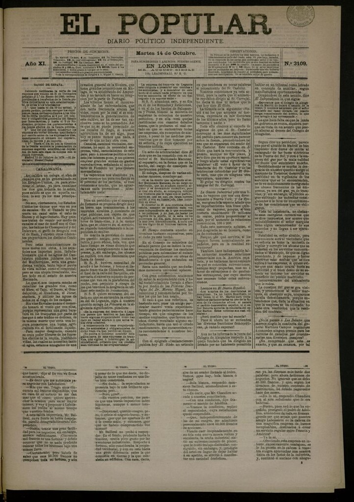 Miniatura de El Popular: diario independiente, político, literario y de noticias de interés general del 14 de octubre de 1879, nº 3109