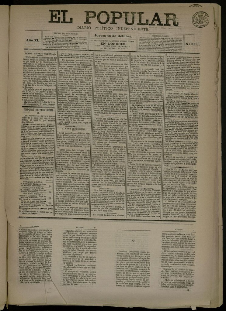 Miniatura de El Popular: diario independiente, político, literario y de noticias de interés general del 16 de octubre de 1879, nº 3111