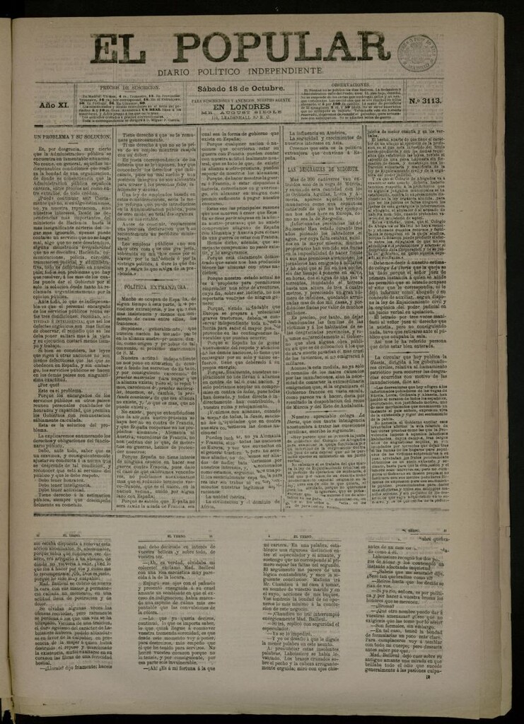 Miniatura de El Popular: diario independiente, político, literario y de noticias de interés general del 18 de octubre de 1879, nº 3113