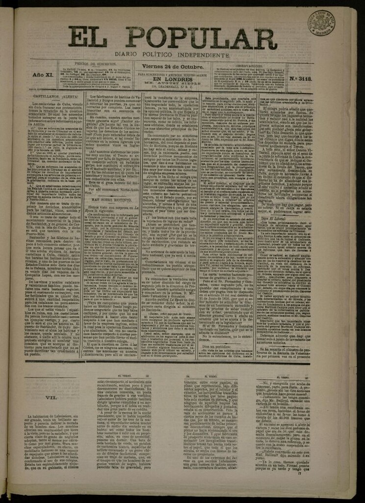 Miniatura de El Popular: diario independiente, político, literario y de noticias de interés general del 24 de octubre de 1879, nº 3118