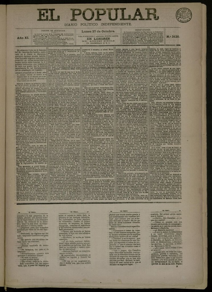 Miniatura de El Popular: diario independiente, político, literario y de noticias de interés general del 27 de octubre de 1879, nº 3120