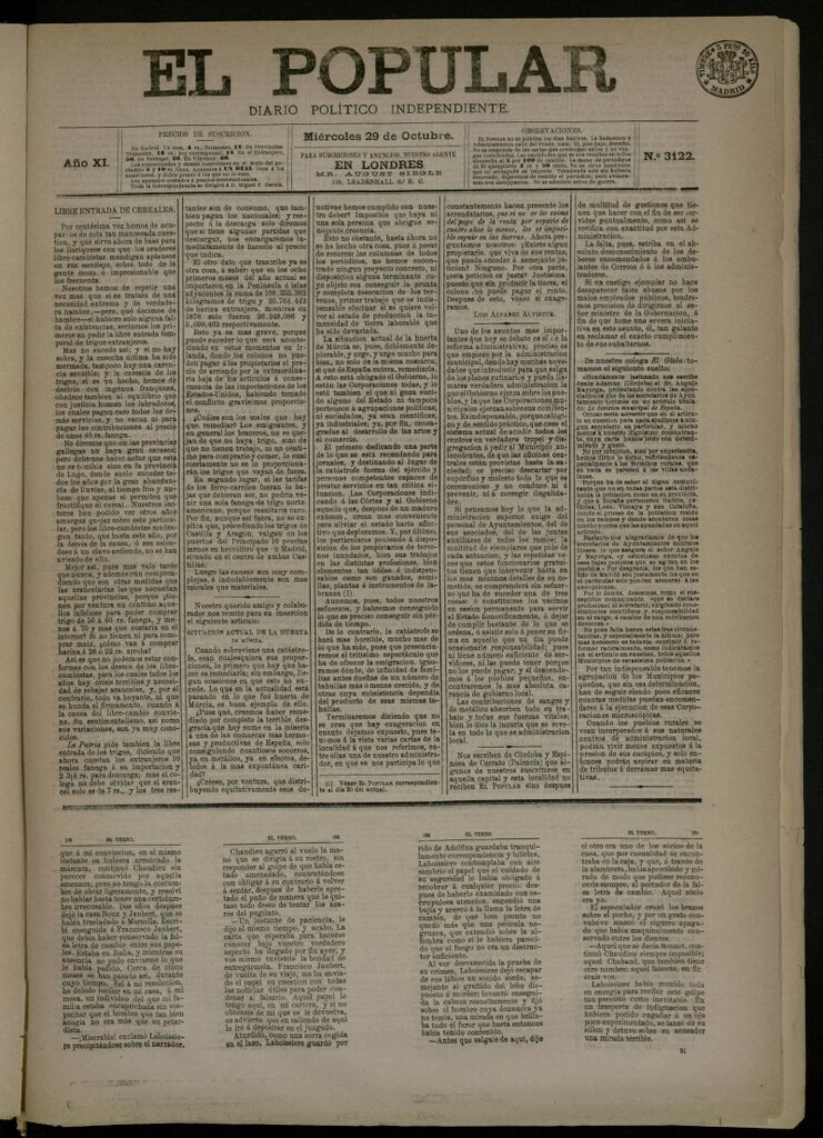 Miniatura de El Popular: diario independiente, político, literario y de noticias de interés general del 29 de octubre de 1879, nº 3122