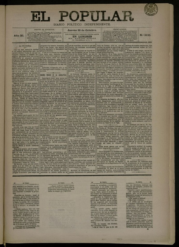 Miniatura de El Popular: diario independiente, político, literario y de noticias de interés general del 30 de octubre de 1879, nº 3123