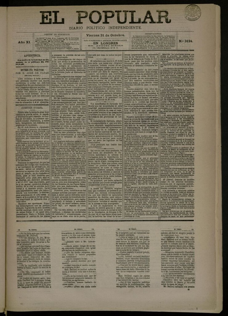 Miniatura de El Popular: diario independiente, político, literario y de noticias de interés general del 31 de octubre de 1879, nº 3124