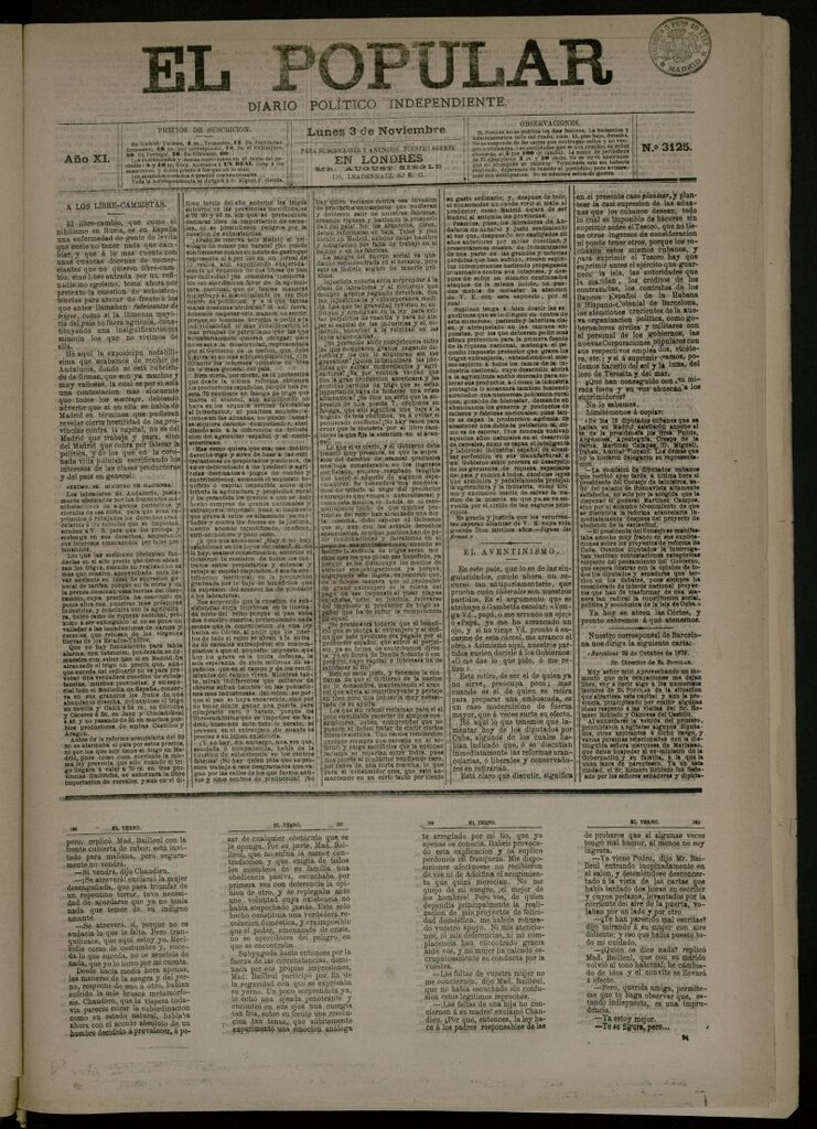 Miniatura de El Popular: diario independiente, político, literario y de noticias de interés general del 3 de noviembre de 1879, nº 3125