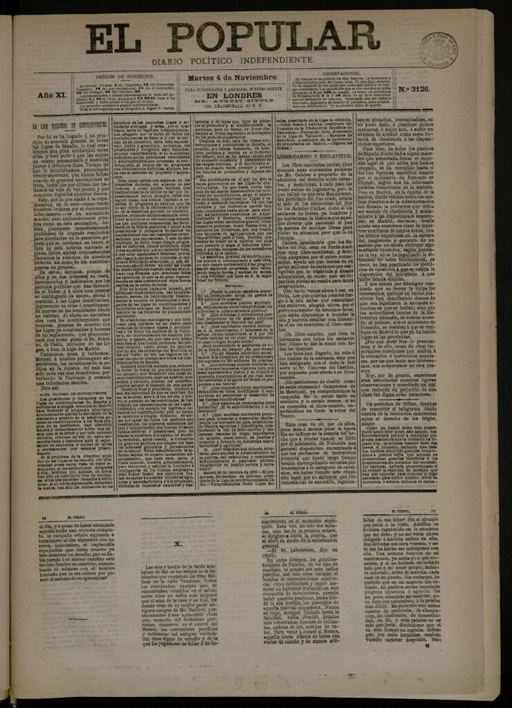 Miniatura de El Popular: diario independiente, político, literario y de noticias de interés general del 4 de noviembre de 1879, nº 3126