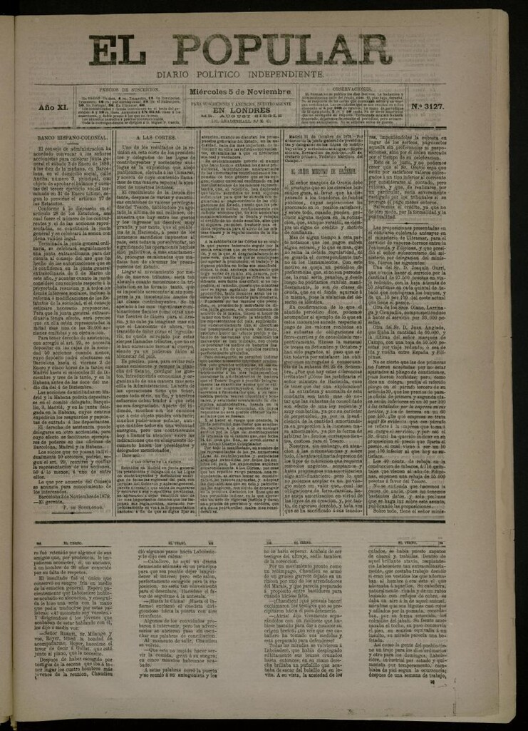 Miniatura de El Popular: diario independiente, político, literario y de noticias de interés general del 5 de noviembre de 1879, nº 3127
