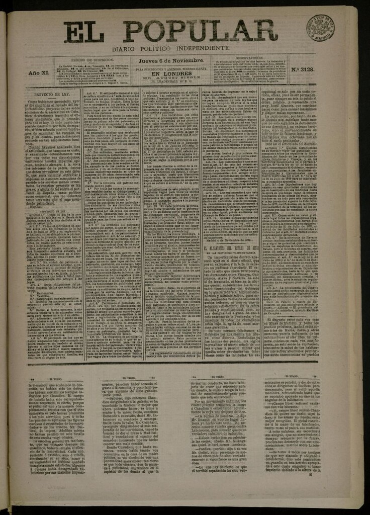 Miniatura de El Popular: diario independiente, político, literario y de noticias de interés general del 6 de noviembre de 1879, nº 3128