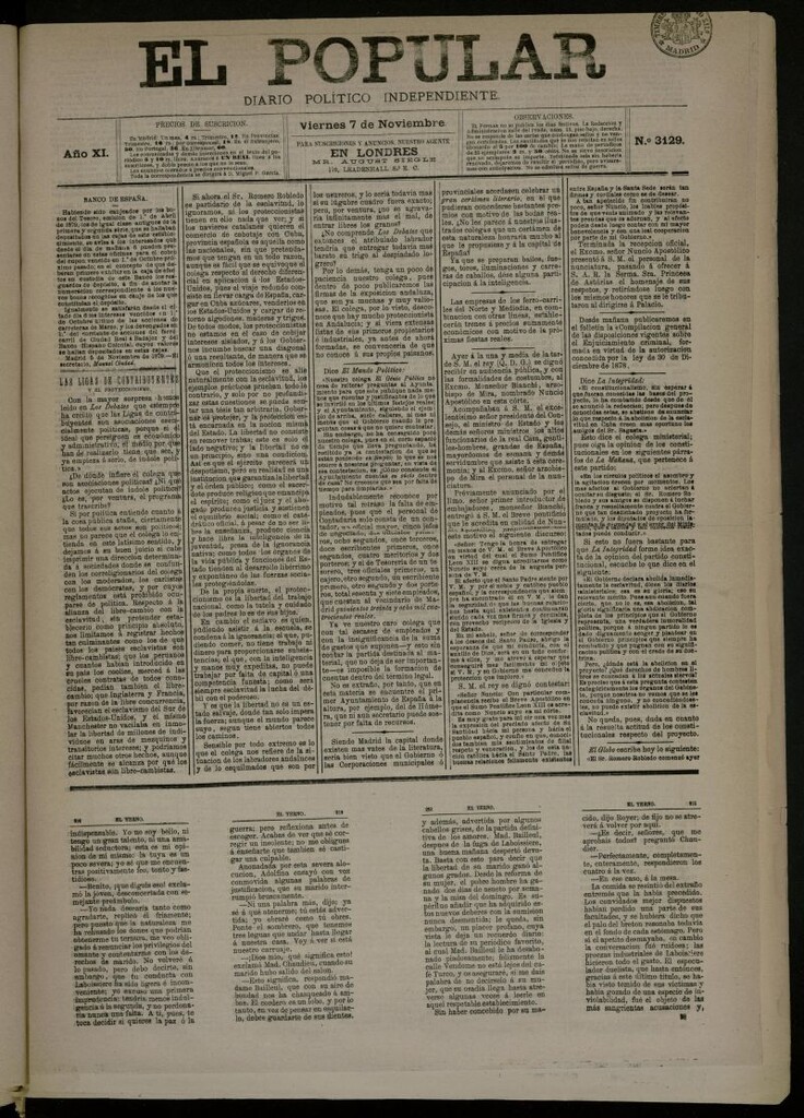 Miniatura de El Popular: diario independiente, político, literario y de noticias de interés general del 7 de noviembre de 1879, nº 3129