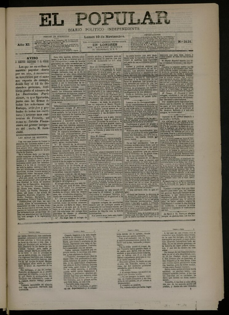 Miniatura de El Popular: diario independiente, político, literario y de noticias de interés general del 10 de noviembre de 1879, nº 3131