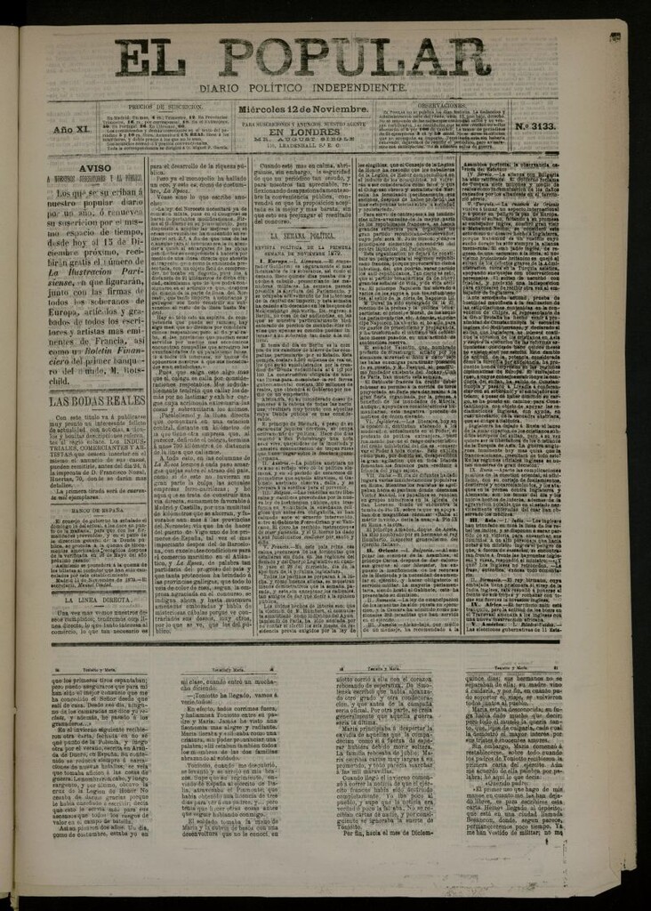 Miniatura de El Popular: diario independiente, político, literario y de noticias de interés general del 12 de noviembre de 1879, nº 3133