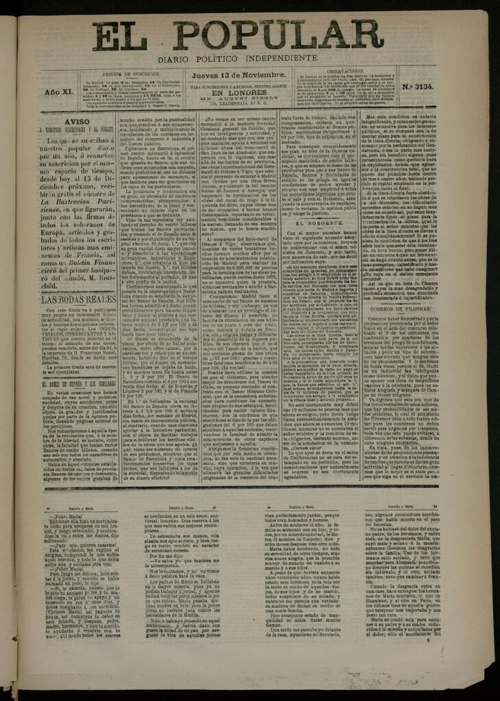 Miniatura de El Popular: diario independiente, político, literario y de noticias de interés general del 13 de noviembre de 1879, nº 3134