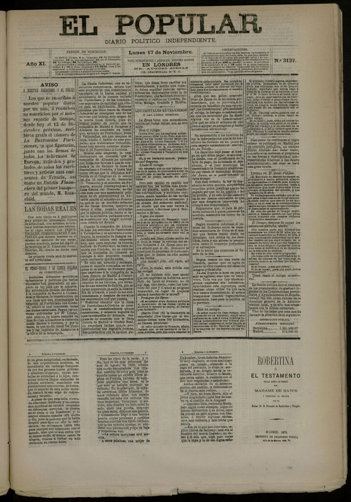 Miniatura de El Popular: diario independiente, político, literario y de noticias de interés general del 17 de noviembre de 1879, nº 3137