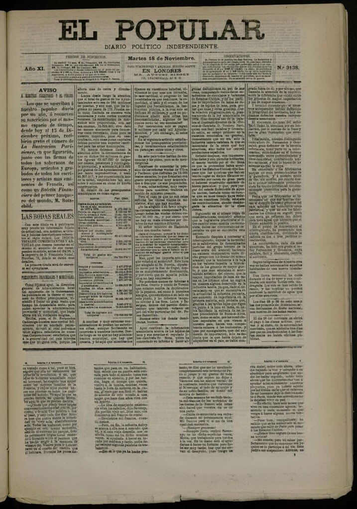 Miniatura de El Popular: diario independiente, político, literario y de noticias de interés general del 18 de noviembre de 1879, nº 3138
