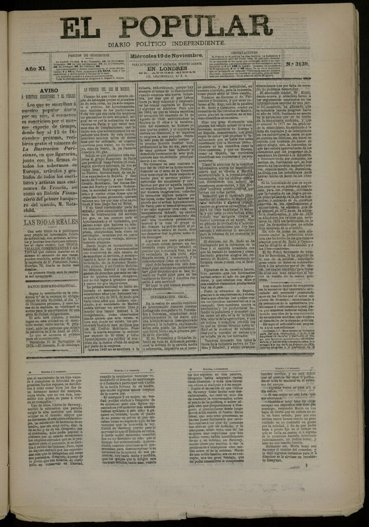 Miniatura de El Popular: diario independiente, político, literario y de noticias de interés general del 19 de noviembre de 1879, nº 3139