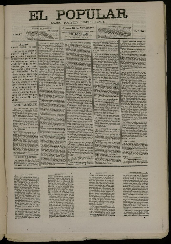 Miniatura de El Popular: diario independiente, político, literario y de noticias de interés general del 20 de noviembre de 1879, nº 3140