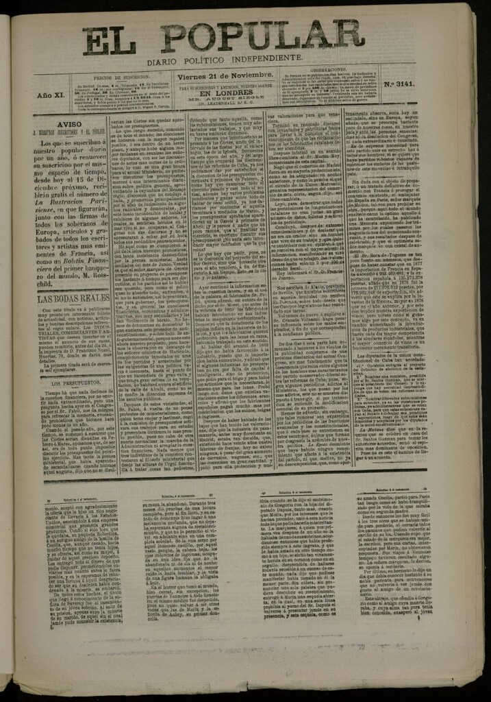 Miniatura de El Popular: diario independiente, político, literario y de noticias de interés general del 21 de noviembre de 1879, nº 3141