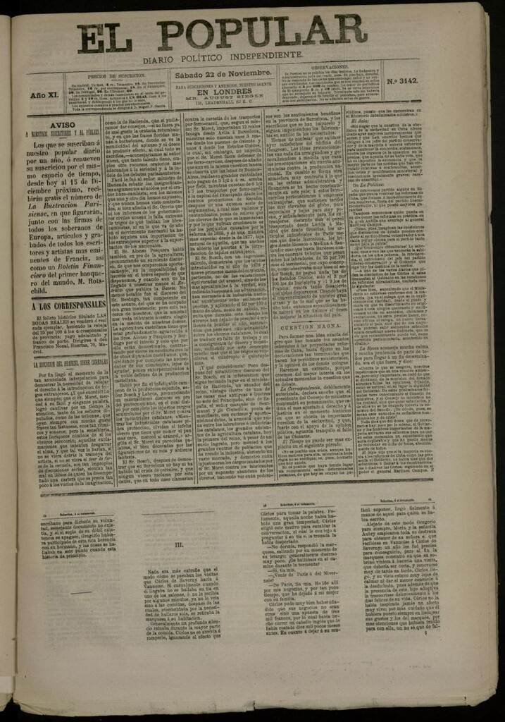 Miniatura de El Popular: diario independiente, político, literario y de noticias de interés general del 22 de noviembre de 1879, nº 3142