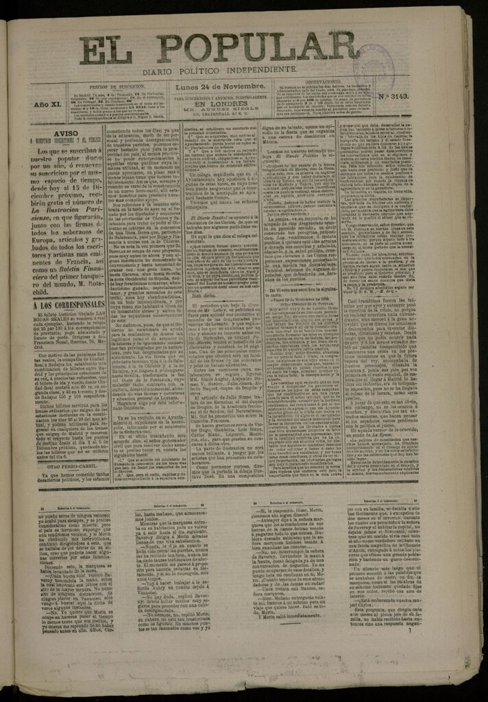 Miniatura de El Popular: diario independiente, político, literario y de noticias de interés general del 24 de noviembre de 1879, nº 3143