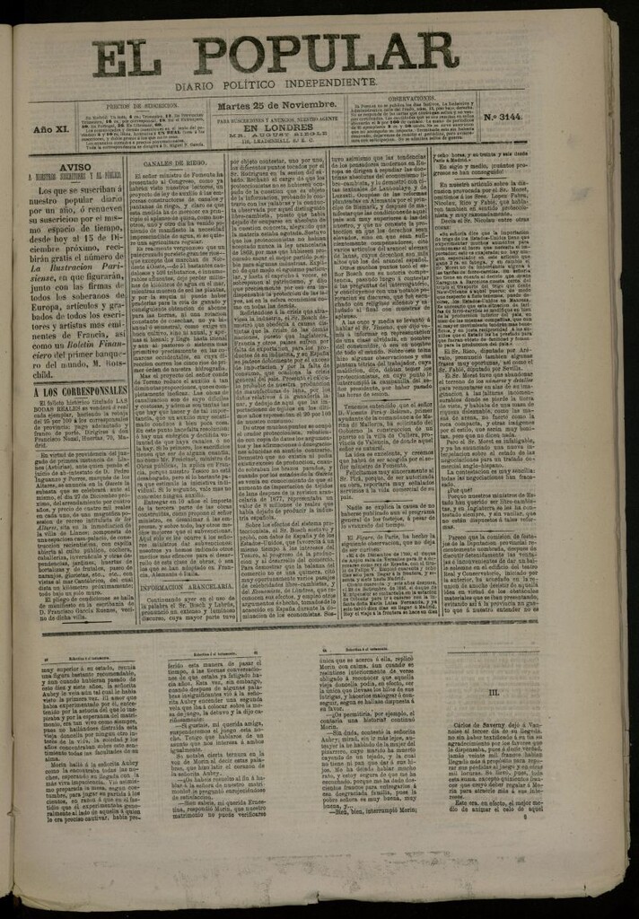 Miniatura de El Popular: diario independiente, político, literario y de noticias de interés general del 25 de noviembre de 1879, nº 3144