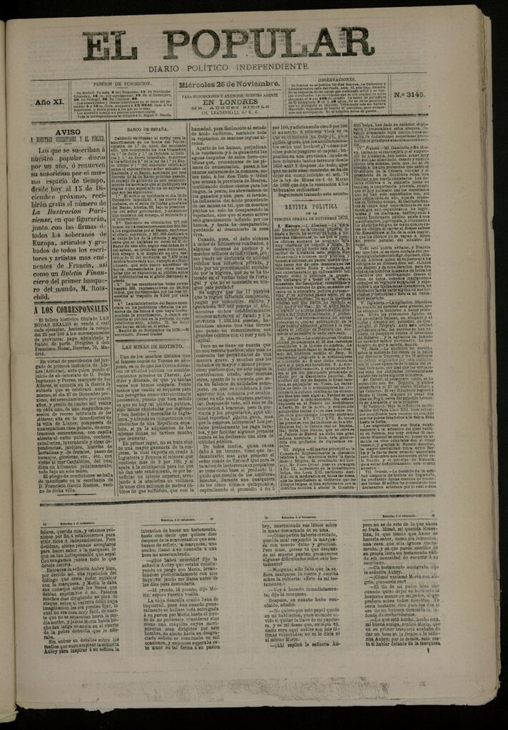 Miniatura de El Popular: diario independiente, político, literario y de noticias de interés general del 26 de noviembre de 1879, nº 3145