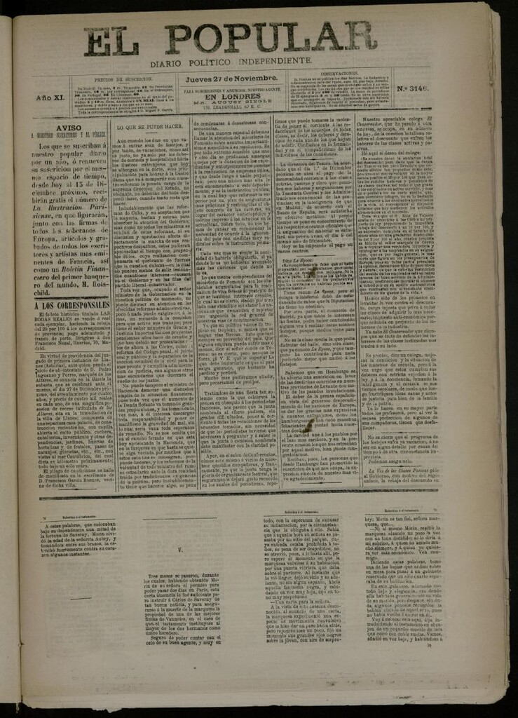 Miniatura de El Popular: diario independiente, político, literario y de noticias de interés general del 27 de noviembre de 1879, nº 3146