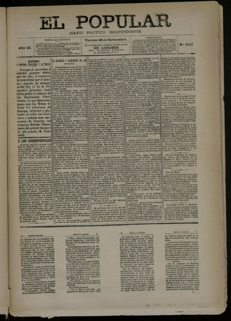 Miniatura de El Popular: diario independiente, político, literario y de noticias de interés general del 28 de noviembre de 1879, nº 3147