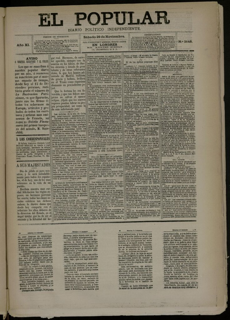 Miniatura de El Popular: diario independiente, político, literario y de noticias de interés general del 29 de noviembre de 1879, nº 3148