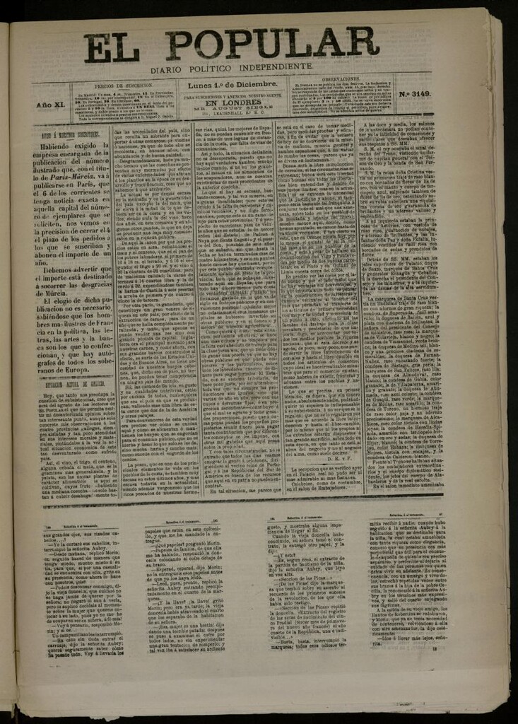 Miniatura de El Popular: diario independiente, político, literario y de noticias de interés general del 1 de diciembre de 1879, nº 3149
