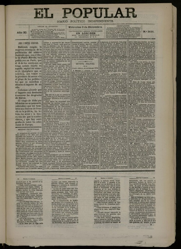 Miniatura de El Popular: diario independiente, político, literario y de noticias de interés general del 3 de diciembre de 1879, nº 3151