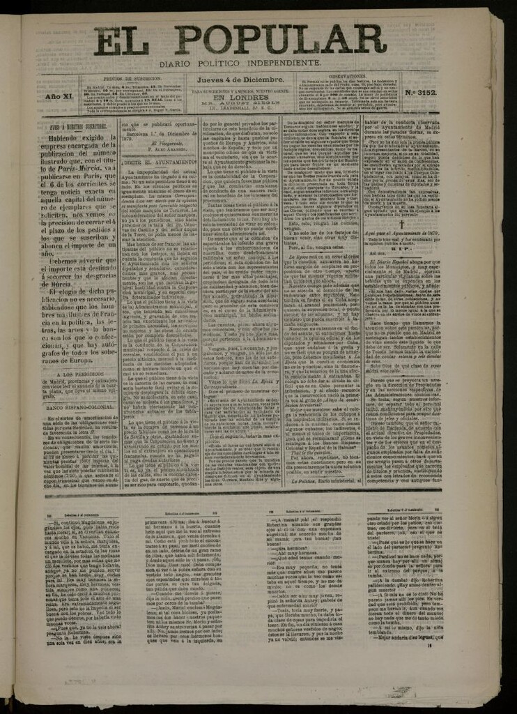 Miniatura de El Popular: diario independiente, político, literario y de noticias de interés general del 4 de diciembre de 1879, nº 3152