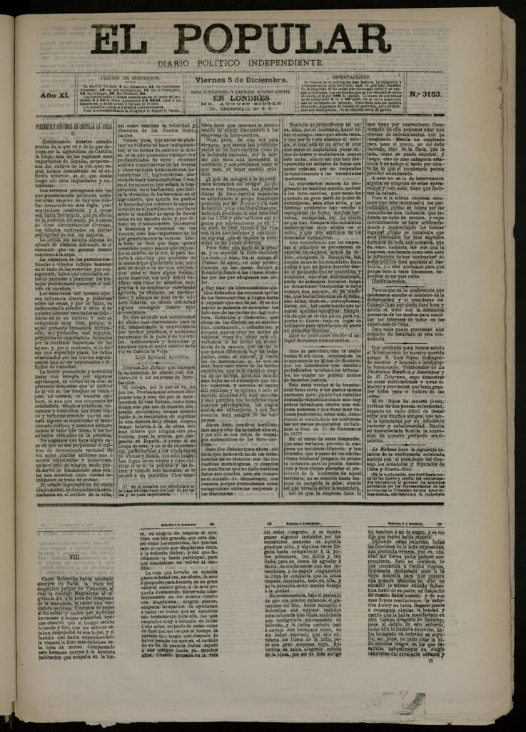 Miniatura de El Popular: diario independiente, político, literario y de noticias de interés general del 5 de diciembre de 1879, nº 3153