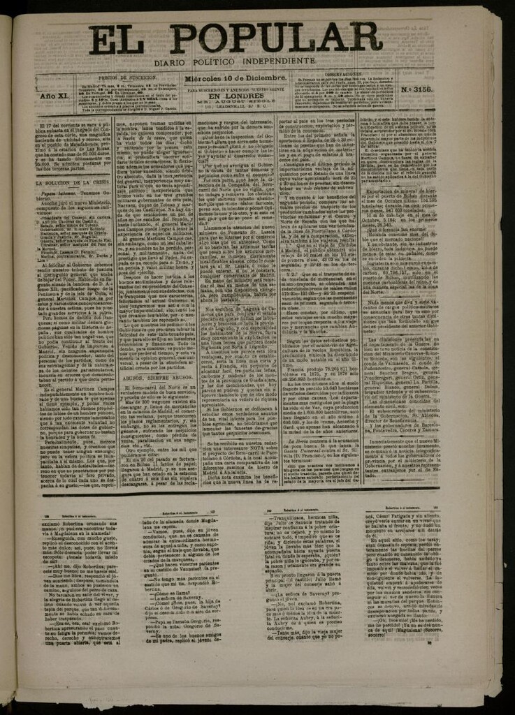 Miniatura de El Popular: diario independiente, político, literario y de noticias de interés general del 10 de diciembre de 1879, nº 3156