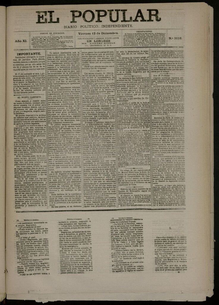 Miniatura de El Popular: diario independiente, político, literario y de noticias de interés general del 12 de diciembre de 1879, nº 3158