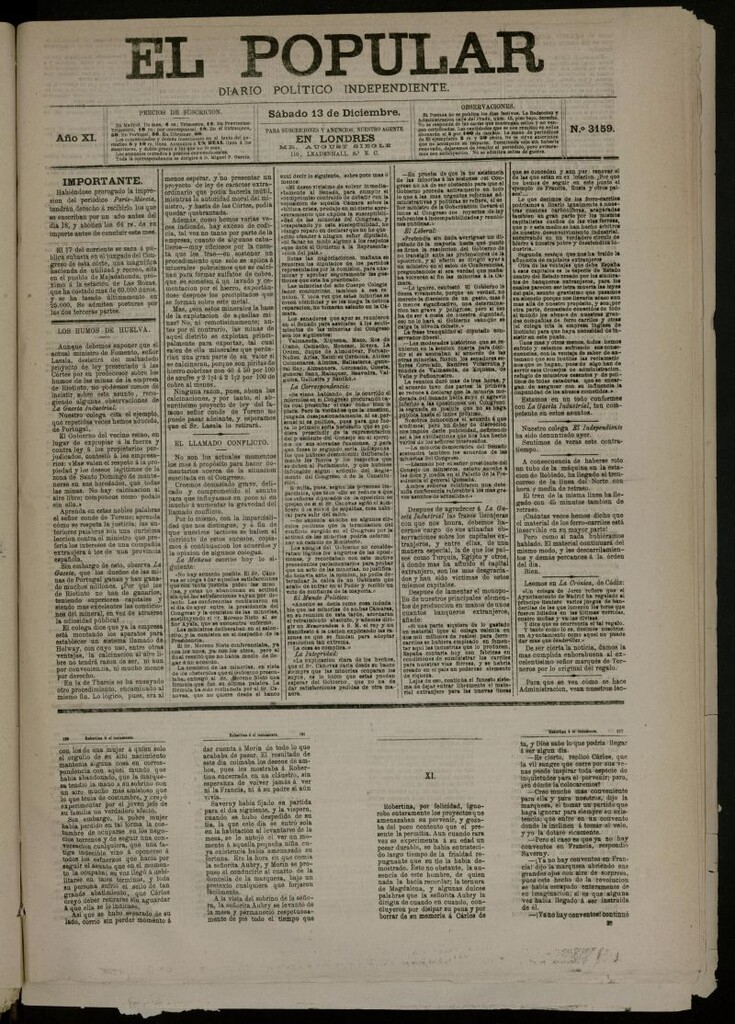 Miniatura de El Popular: diario independiente, político, literario y de noticias de interés general del 13 de diciembre de 1879, nº 3159