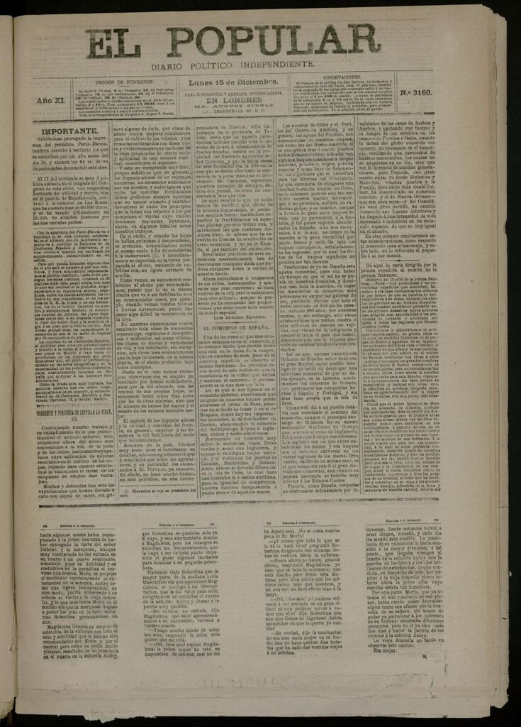 Miniatura de El Popular: diario independiente, político, literario y de noticias de interés general del 15 de diciembre de 1879, nº 3160