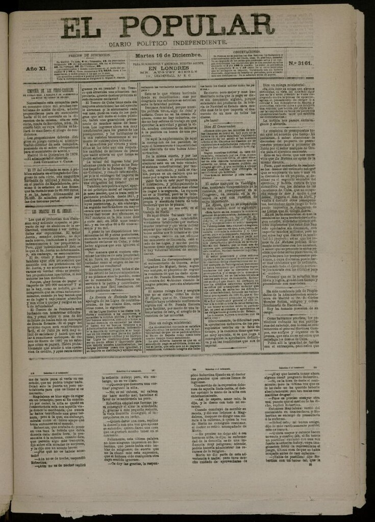 Miniatura de El Popular: diario independiente, político, literario y de noticias de interés general del 16 de diciembre de 1879, nº 3161