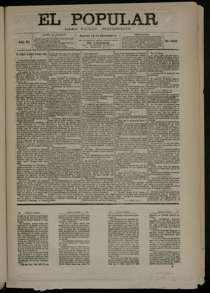 Miniatura de El Popular: diario independiente, político, literario y de noticias de interés general del 18 de diciembre de 1879, nº 3163