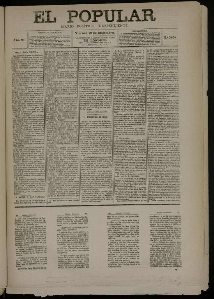 Miniatura de El Popular: diario independiente, político, literario y de noticias de interés general del 19 de diciembre de 1879, nº 3164