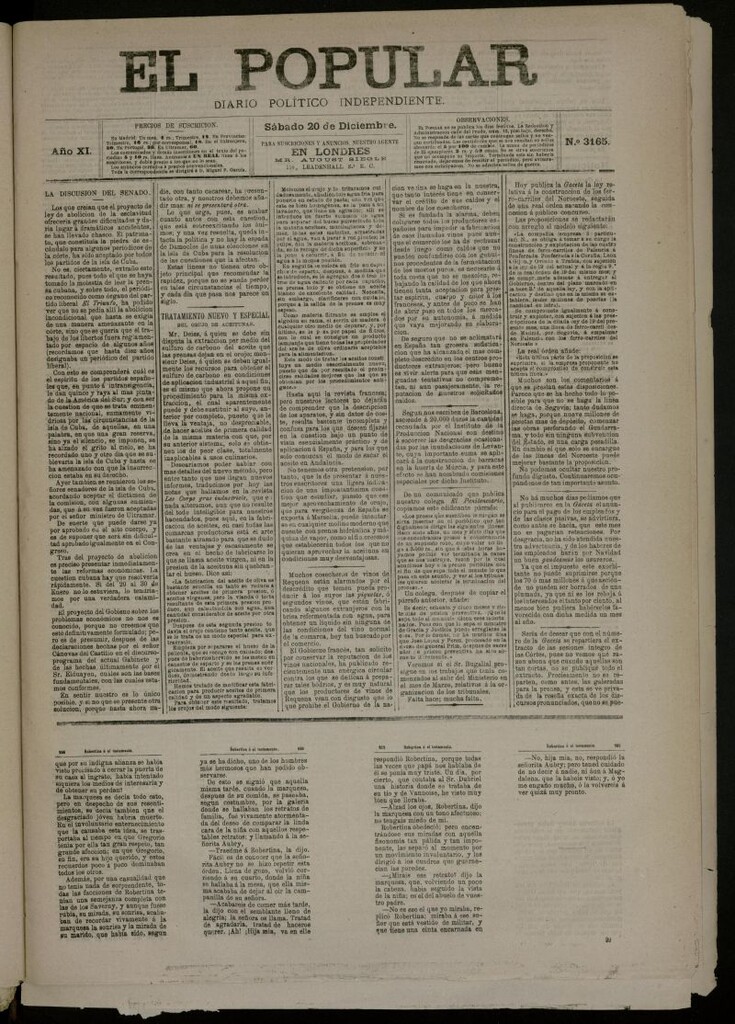 Miniatura de El Popular: diario independiente, político, literario y de noticias de interés general del 20 de diciembre de 1879, nº 3165